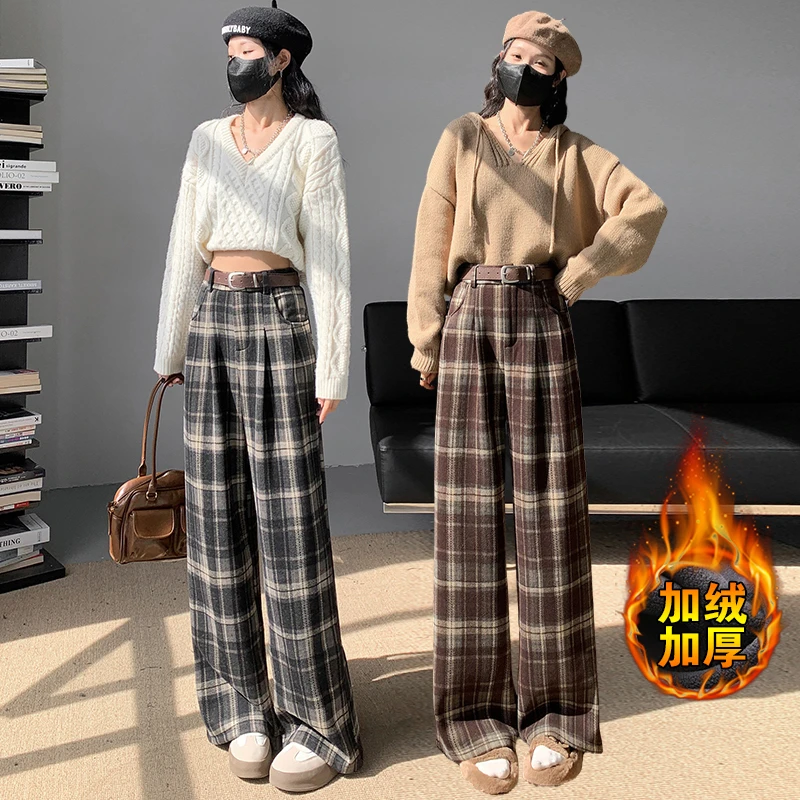 毛呢复古格子裤女秋冬季加绒加厚高腰垂感休闲窄版拖地直筒阔腿裤