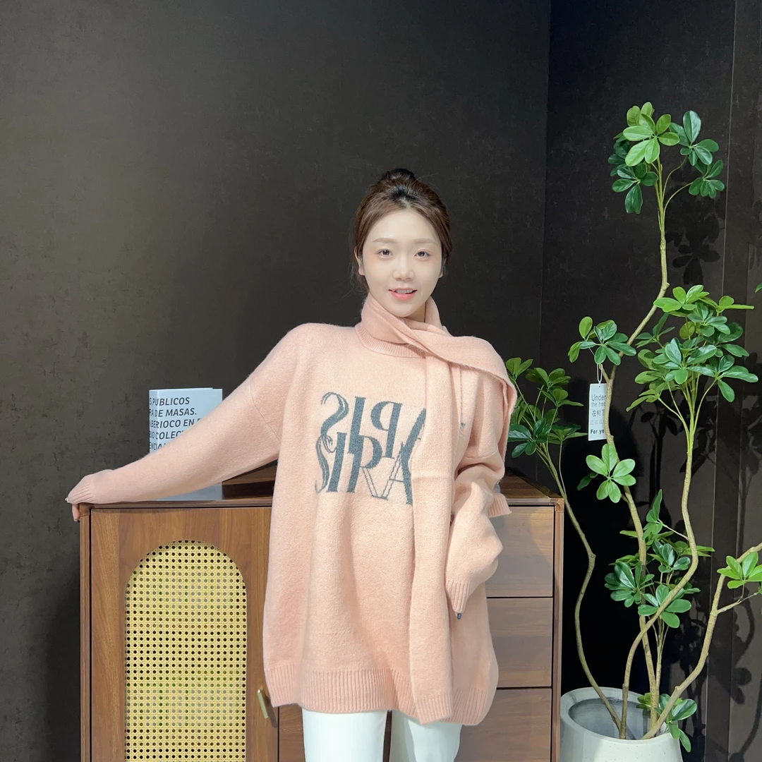 韩版宽松字母毛衣秋冬时尚休闲百搭套头围巾款