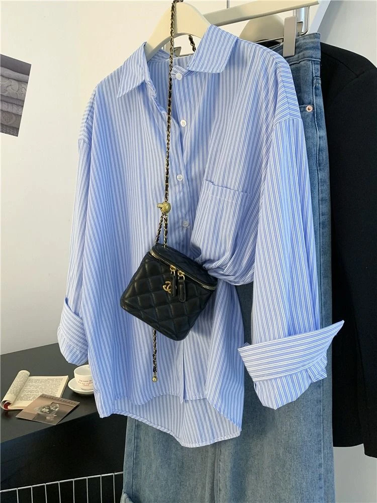 韩系条纹POLO领长袖衬衫女装2025秋季新款休闲气质高级感宽松上衣