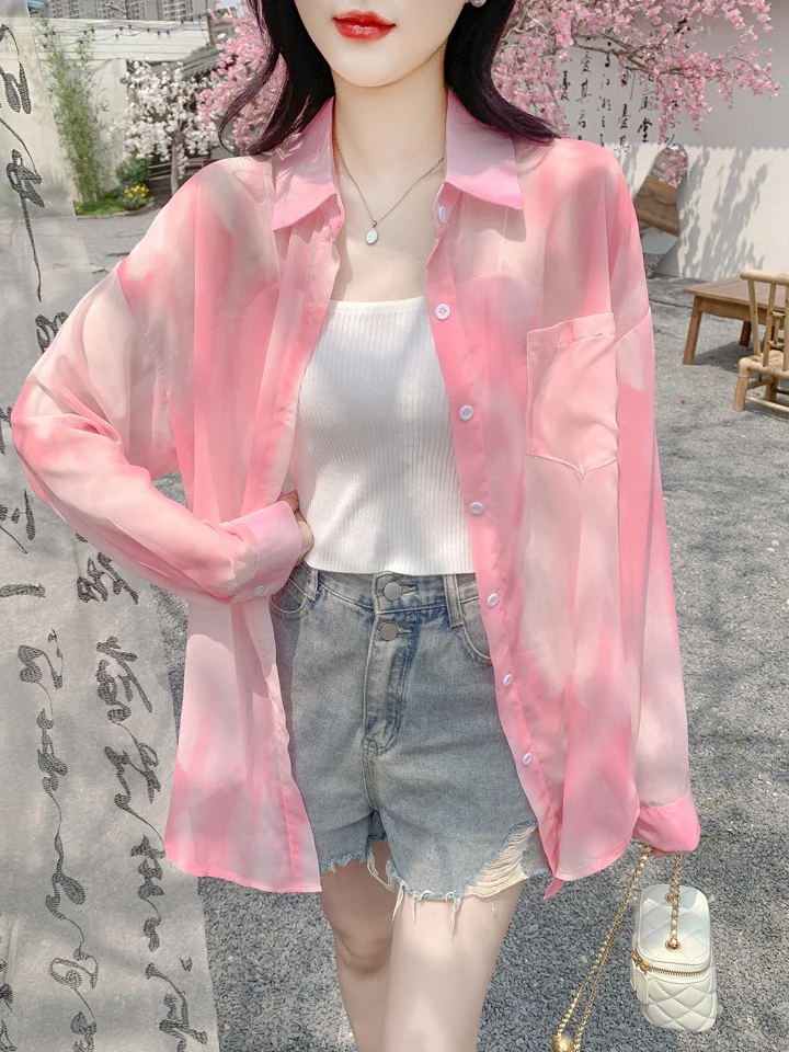 粉色扎染衬衫女装夏季韩系新款洋气宽松开衫上衣设计感小众防晒衣