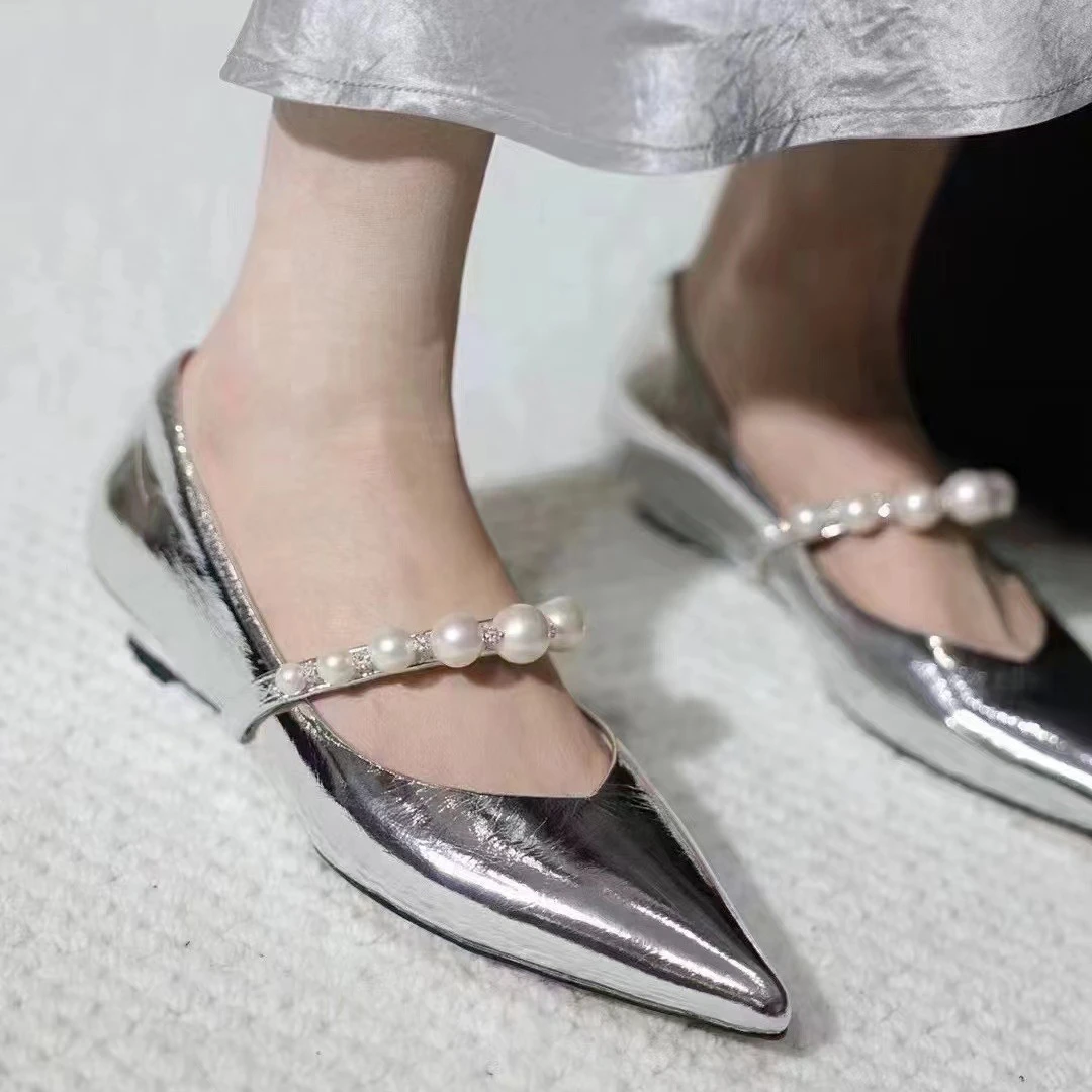 头层羊皮 真皮银色珍珠单鞋女2024新款气质百搭夏季跟鞋浅口女鞋