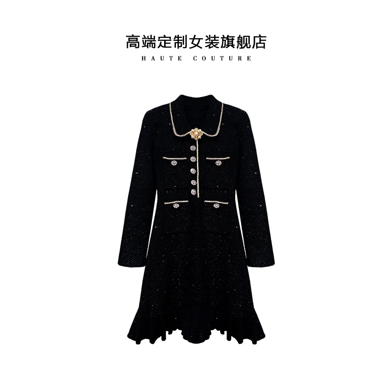 重工系列  精致优雅少女甜美小香风针织显瘦高腰翻领长袖连衣裙