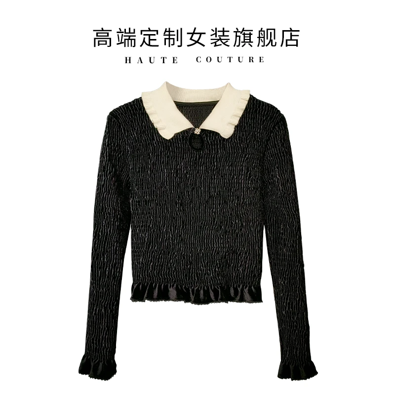 法式复古温柔黑色打底衫女高级感保暖内搭娃娃领气质天鹅绒衬衫