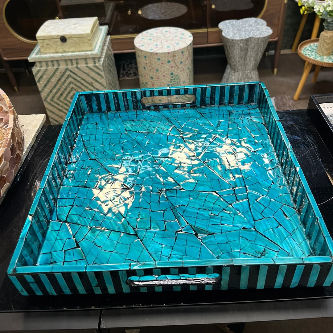 立航家居东南亚全贝壳托盘轻奢零食水果盘一抹深蓝正方形贝壳盘