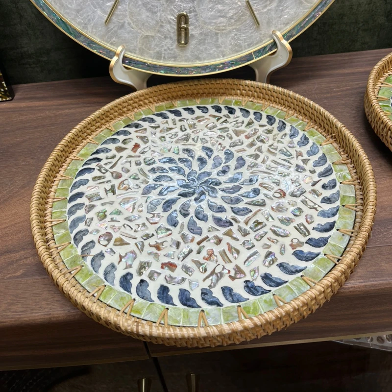 立航家居买一送一越南藤编贝壳收纳盘轻奢零食水果盘满天星图案