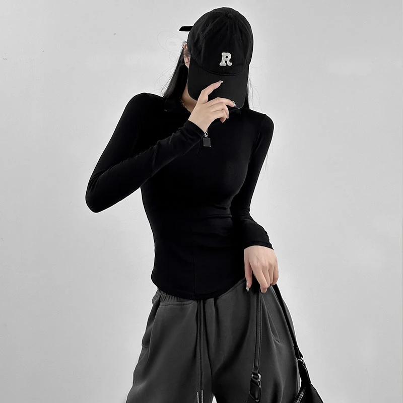 黛纺打底衫长袖t恤女春秋季修身显瘦辣妹风紧身短款时尚翻领上衣