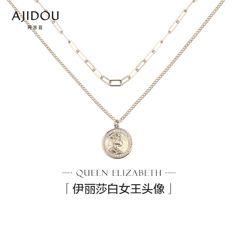 合金项链 .阿吉豆街头金属系列女王头像硬币圆牌叠戴双层项链