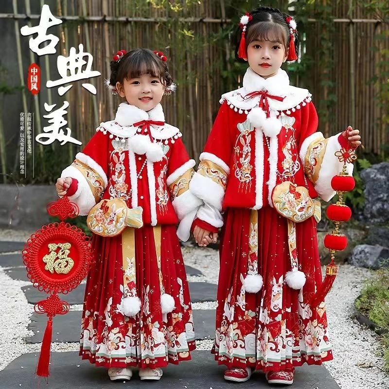 新款原创儿童拜年冬季汉服女童唐装秋冬中国日常加绒喜庆加厚套装