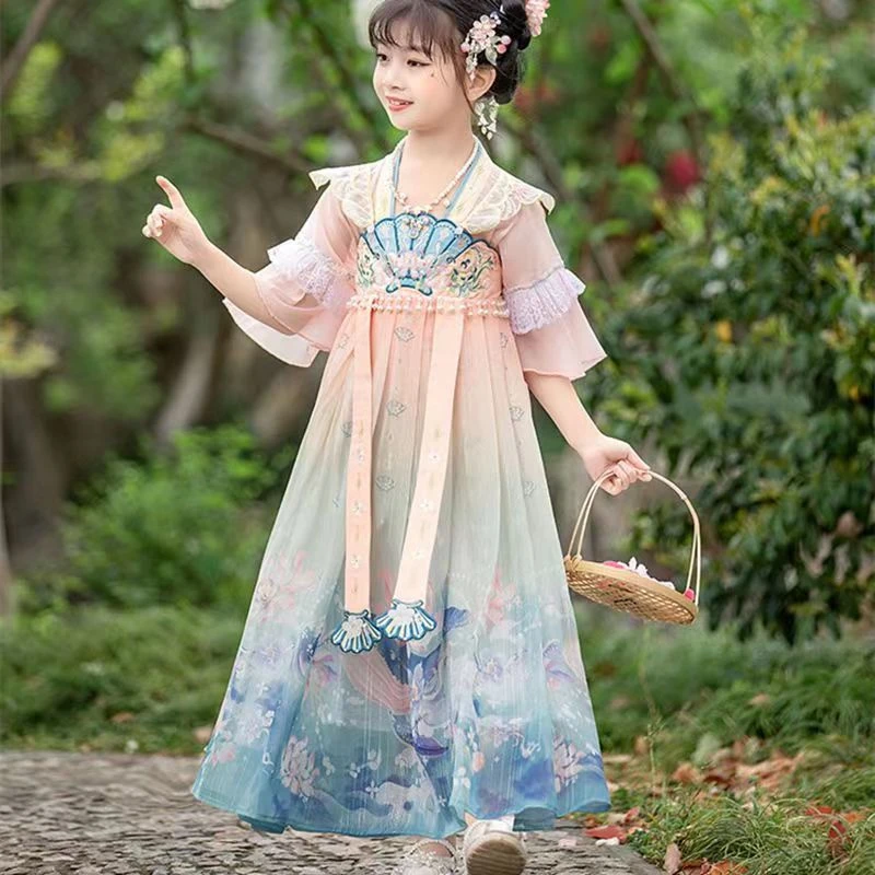 汉服女童中国风飘逸超仙春夏儿童连衣裙唐装纱裙小女孩新款古装潮