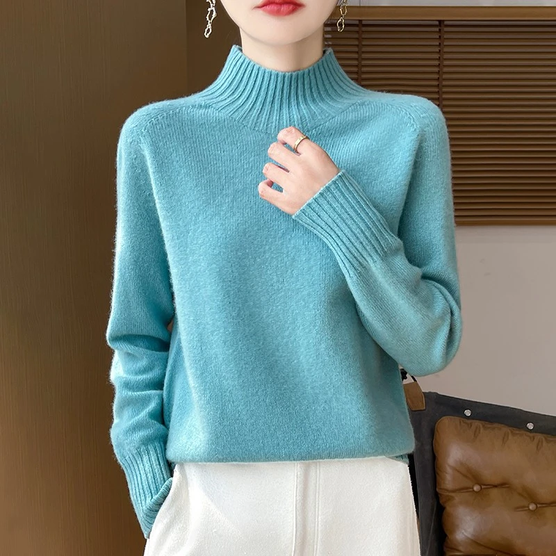 新款纯羊毛半高领加厚毛衫女宽松毛衣秋冬长袖针织打底衫百搭