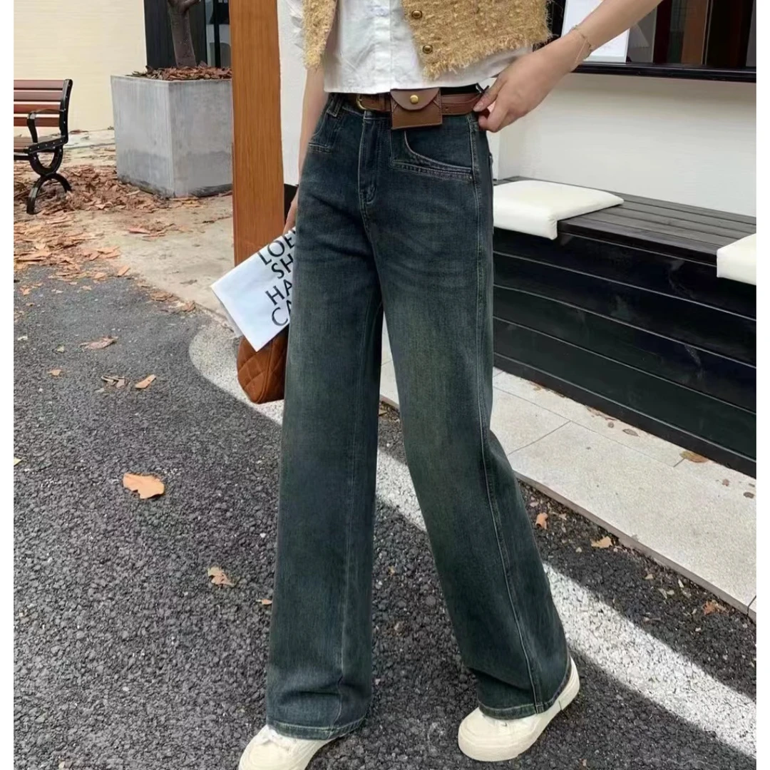 艳艳家 百搭复古显瘦直筒牛仔裤