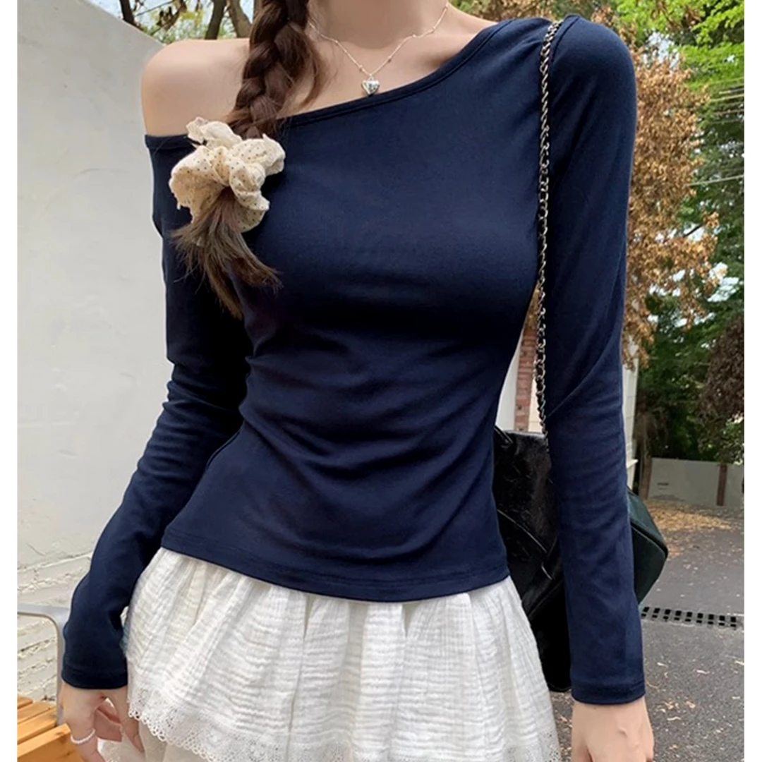 藏青色肩长袖t恤女早秋露肩小众收腰显瘦辣妹显身材打底内搭上衣