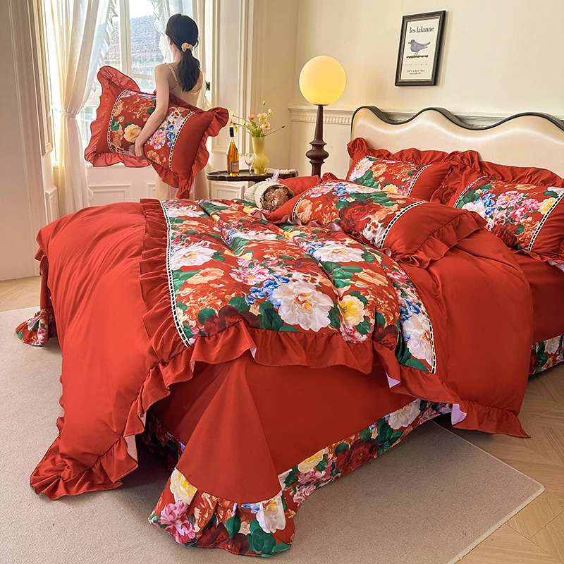 水星夏季细丝水洗磨毛法式格调双拼印花贡棉四件套床上用品被套罩