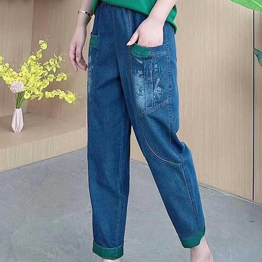 夏季新款冰丝水洗软牛仔高腰时尚显瘦百搭大码宽松弹力哈伦牛仔裤