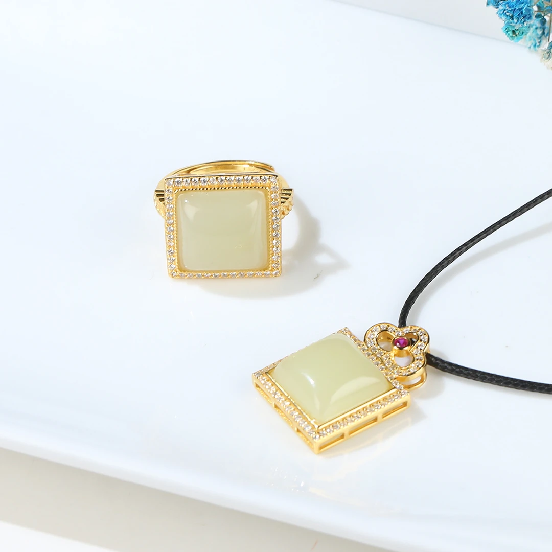 HW【麦子家族618大促】天然和田玉吊坠戒指S925银一套F0919