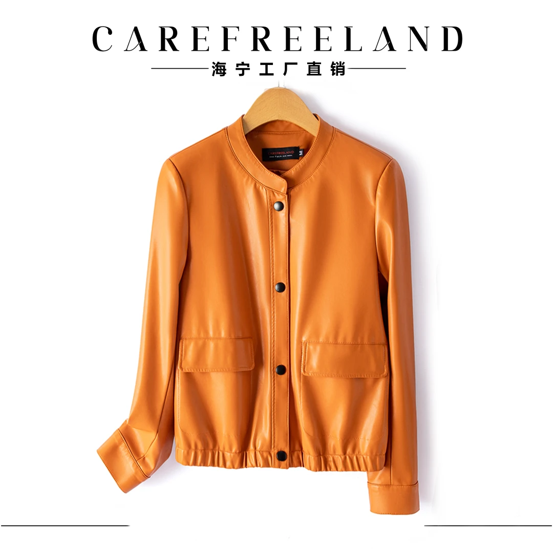 【海宁皮衣】2401新款大码百搭宽松女士小香风休闲皮夹克外套