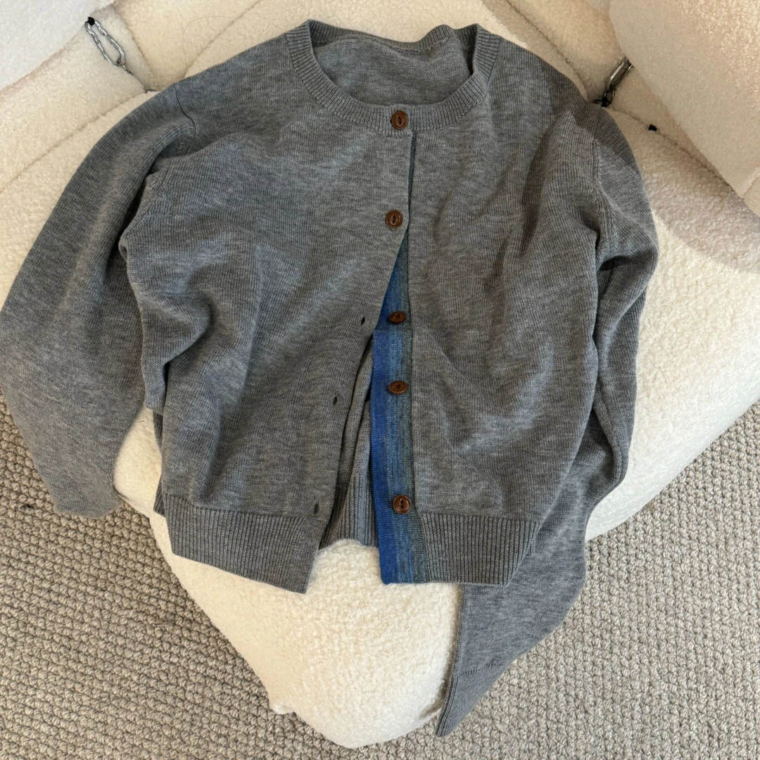 JIUJIU【北平知秋】老钱风灰色百搭绵羊毛针织开衫女上衣秋冬