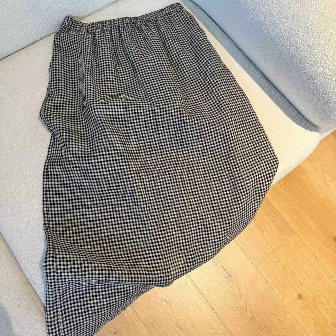 JIUJIU【山墙的春】100%亚麻高级百搭洋气格子半身裙0509-