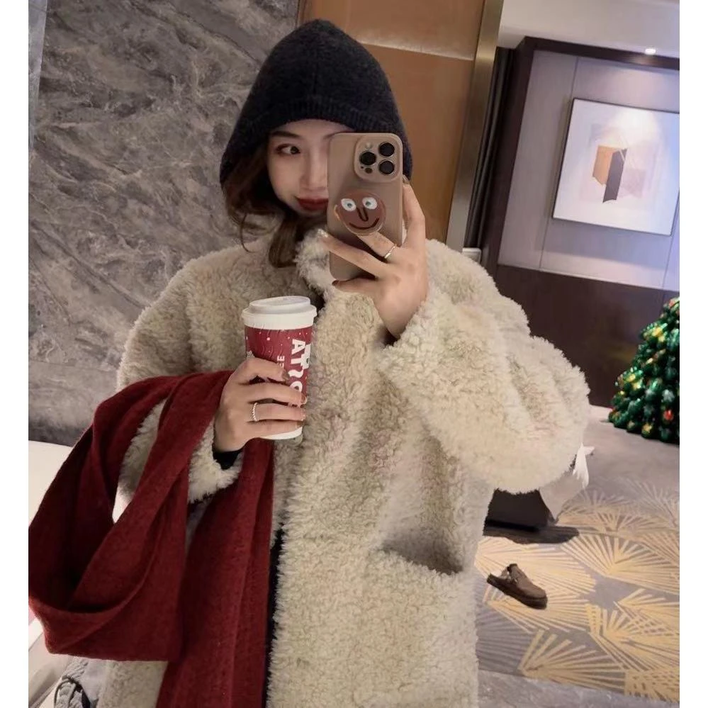 KEKE【昭昭晚雪】100%绵羊毛长款毛毛外套纯色秋冬保暖韩版外套女