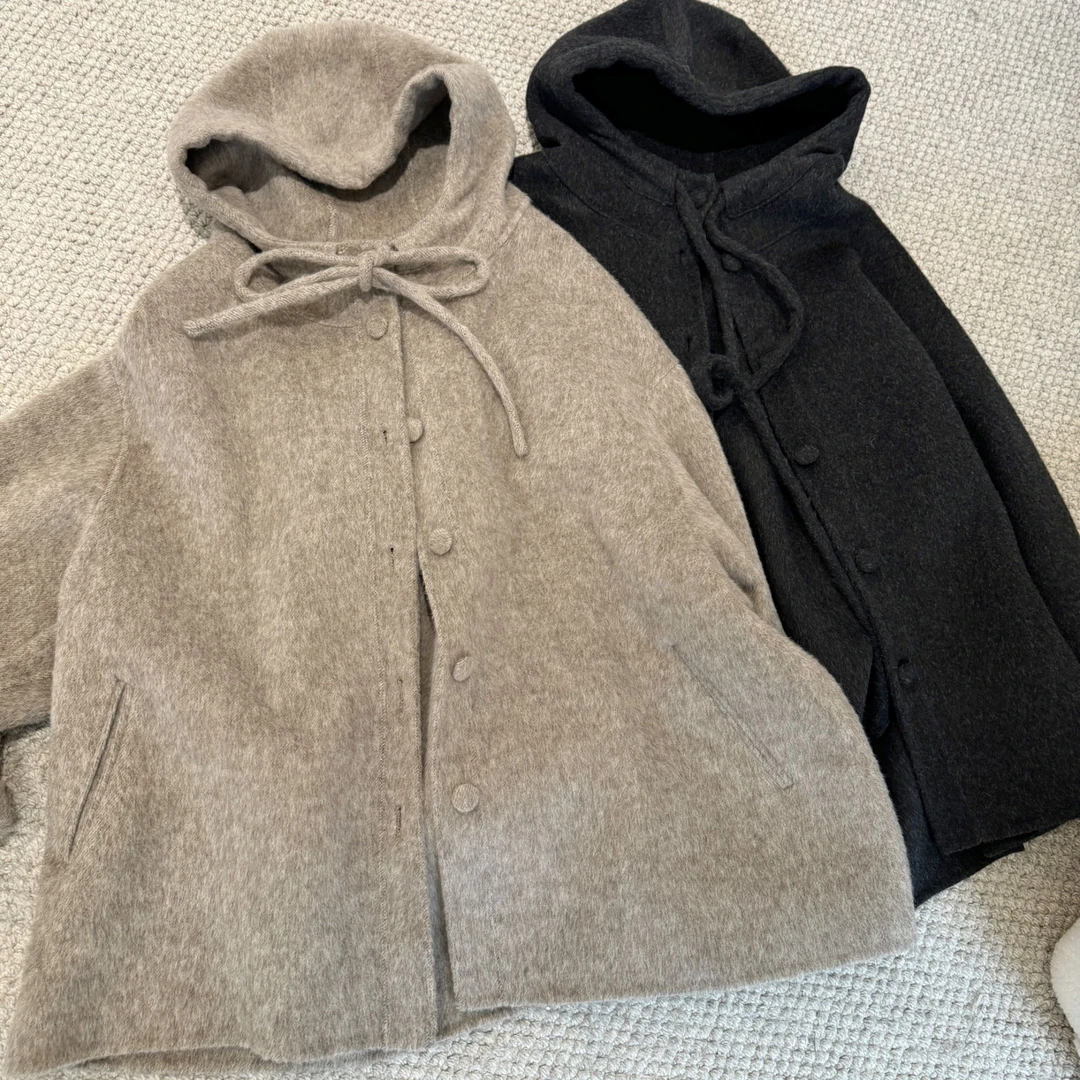 JIUJIU【看看兔牙】100%绵羊毛双面呢大衣中长款毛呢外套连帽上衣女