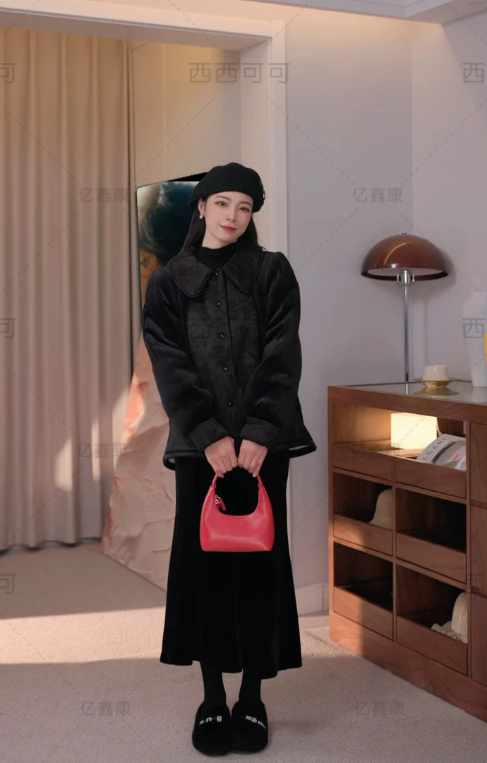 复古黑金小香风翻领时尚外穿家居服冬季女三层加绒加厚套装