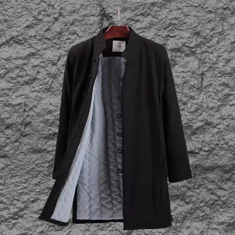 中国风唐装男青年棉服外套中式亚麻棉衣冬季中长款棉麻夹棉袄9005