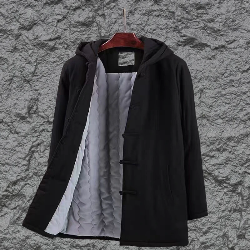 中国风唐装男棉服亚麻夹棉外套连帽棉衣棉麻中式棉袄加棉上衣9061