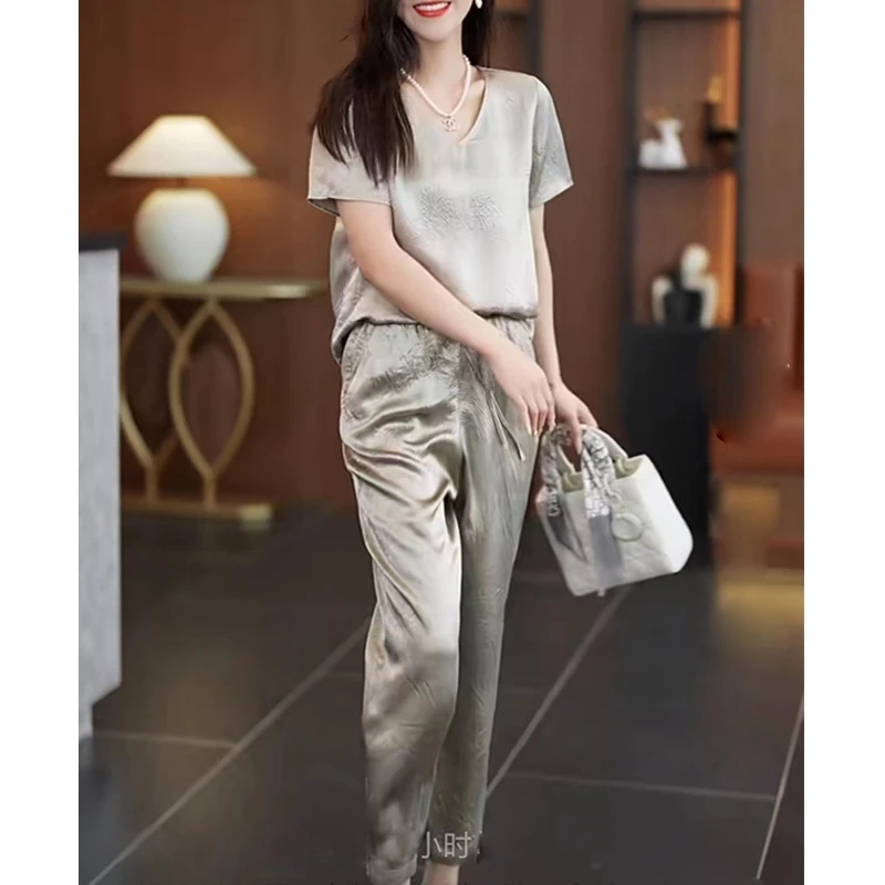 醋酸两件套套装女2023年新款夏装显瘦气质哈伦九分裤休闲阔腿长裤