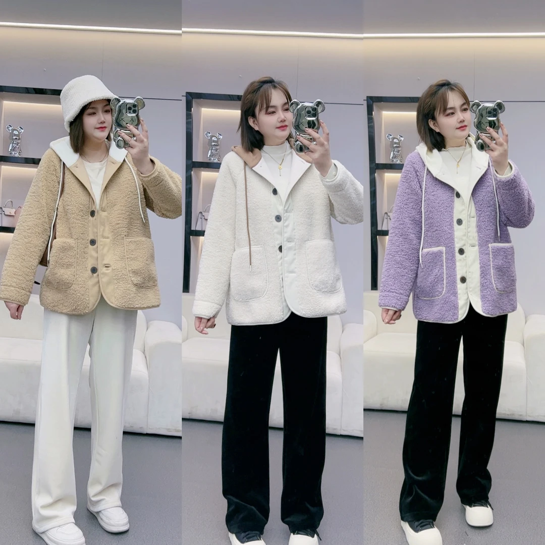 【红袖雨】冬季新款大码宽松时尚气质连帽毛呢外套SJ0723340940