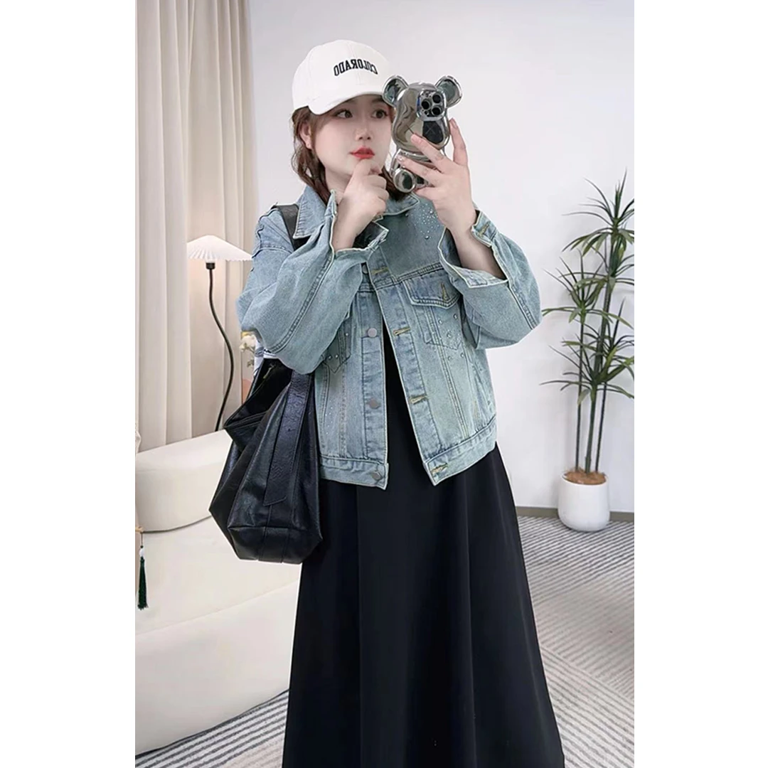 【红袖雨】2024秋季新款经典重工烫钻洋气港风牛仔外套NA2024140253