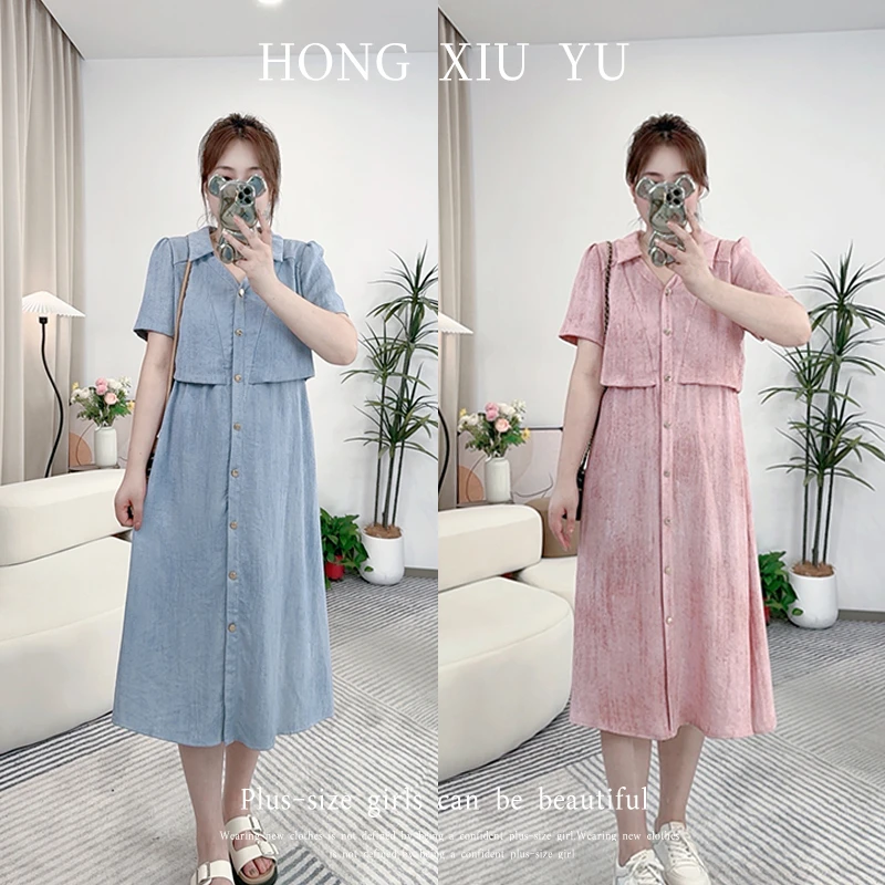 【红袖雨】2024夏季新款麻棉哑光肌理感假两件连衣裙-ZA1524281686