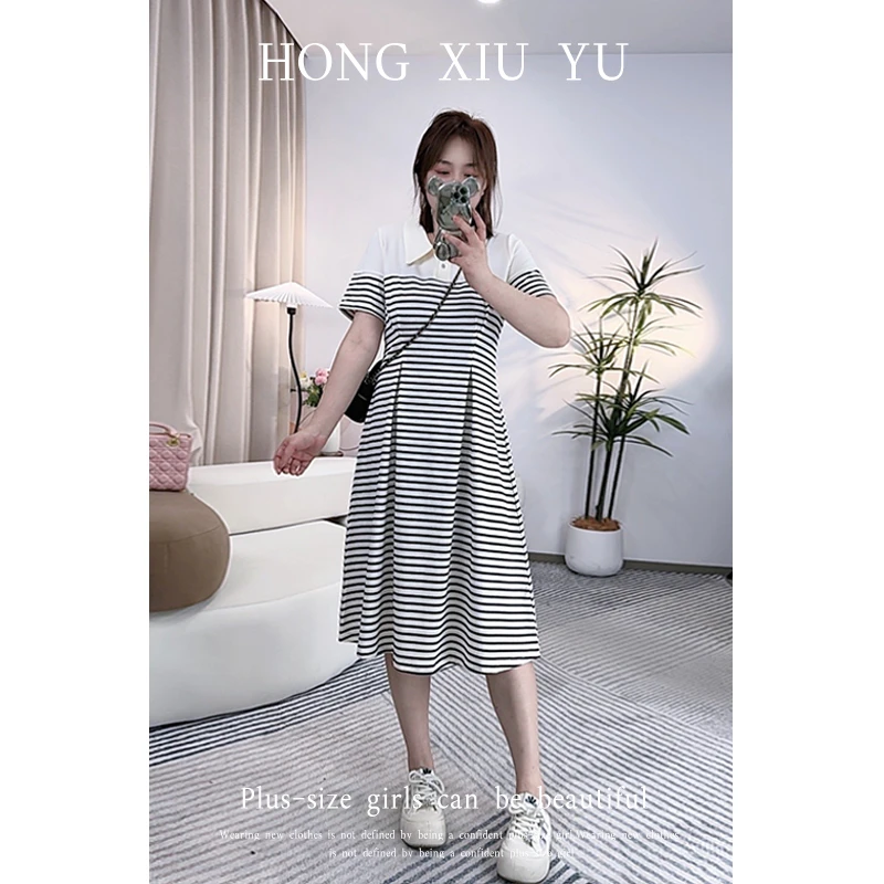 【红袖雨】新款条纹翻领polo时尚气质减龄连衣裙--ZA1524281566