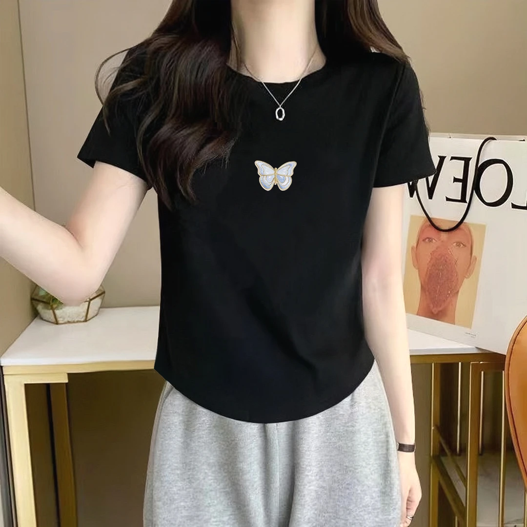 新款微胖显瘦短袖女修身上衣正肩圆领洋气百搭春夏大码设计感纯色