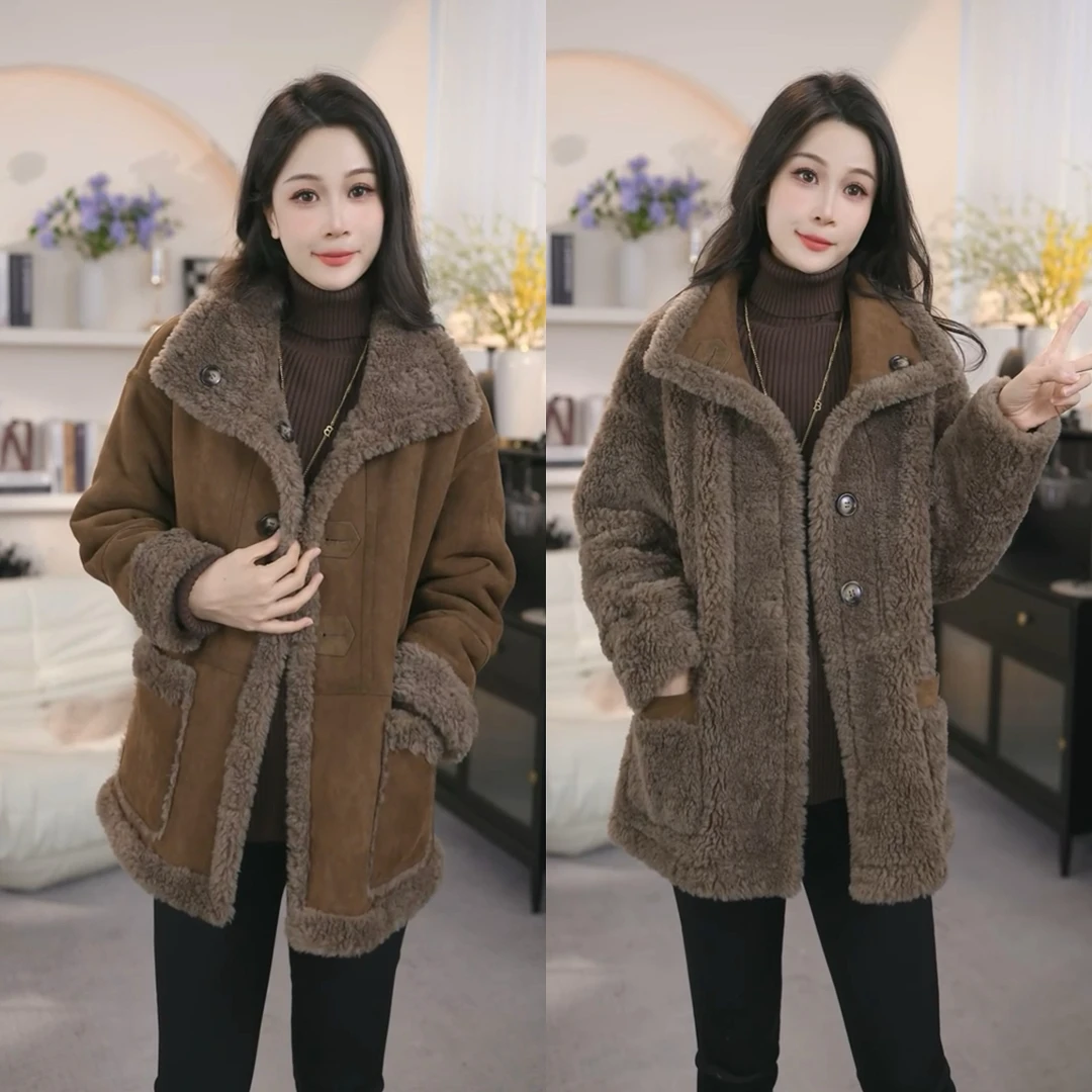2024双面穿新款羊毛外套百 搭显瘦加厚冬季皮毛一体