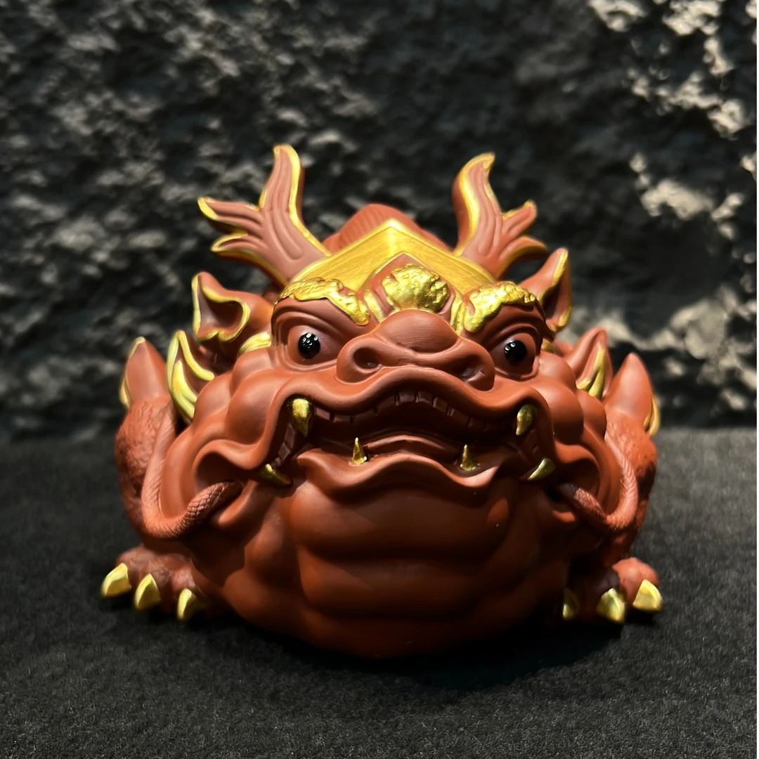 紫砂霸王龙蟾（朱泥描金）茶宠茶台博古架玄关摆件