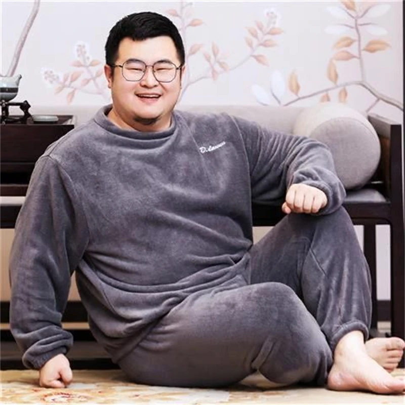 男士加肥加大睡衣秋冬款法兰绒暖暖套装加厚珊瑚绒加绒胖子家居服