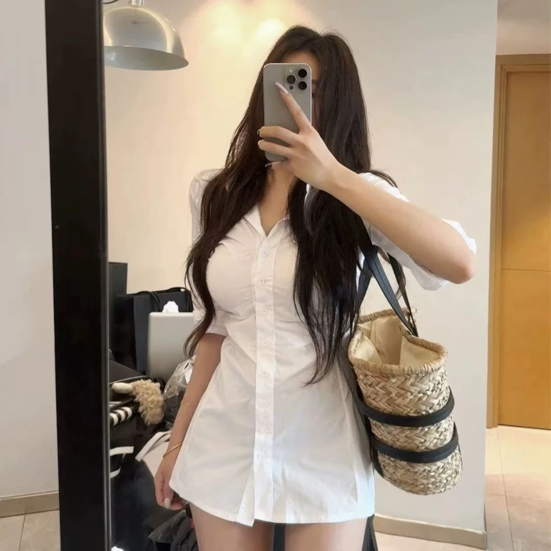 设计纯欲御姐修身收腰显瘦褶皱翻领夏季性感女小众衬衫辣妹连衣裙