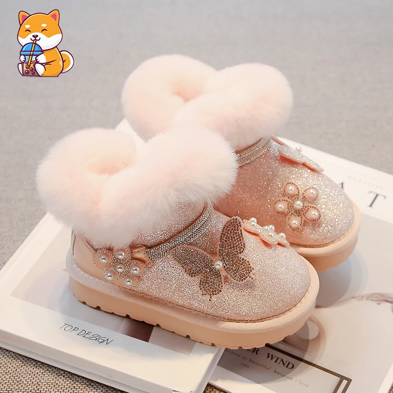 女童雪地靴儿童靴子2024新款冬季宝宝厚绒公主水晶靴小女孩大棉鞋