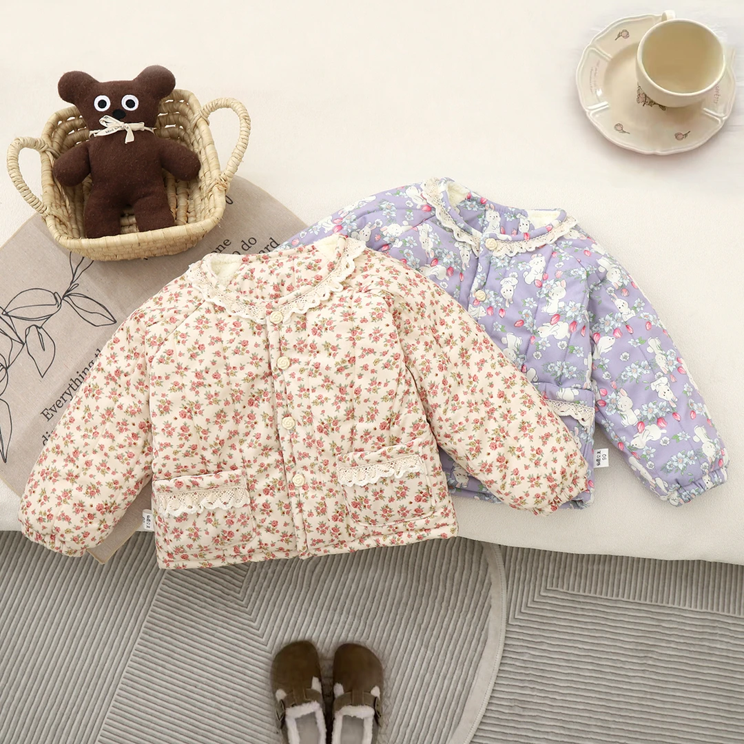 棉衣女童洋气碎花加厚加绒保暖棉衣冬季宝宝夹棉女宝外穿棉服