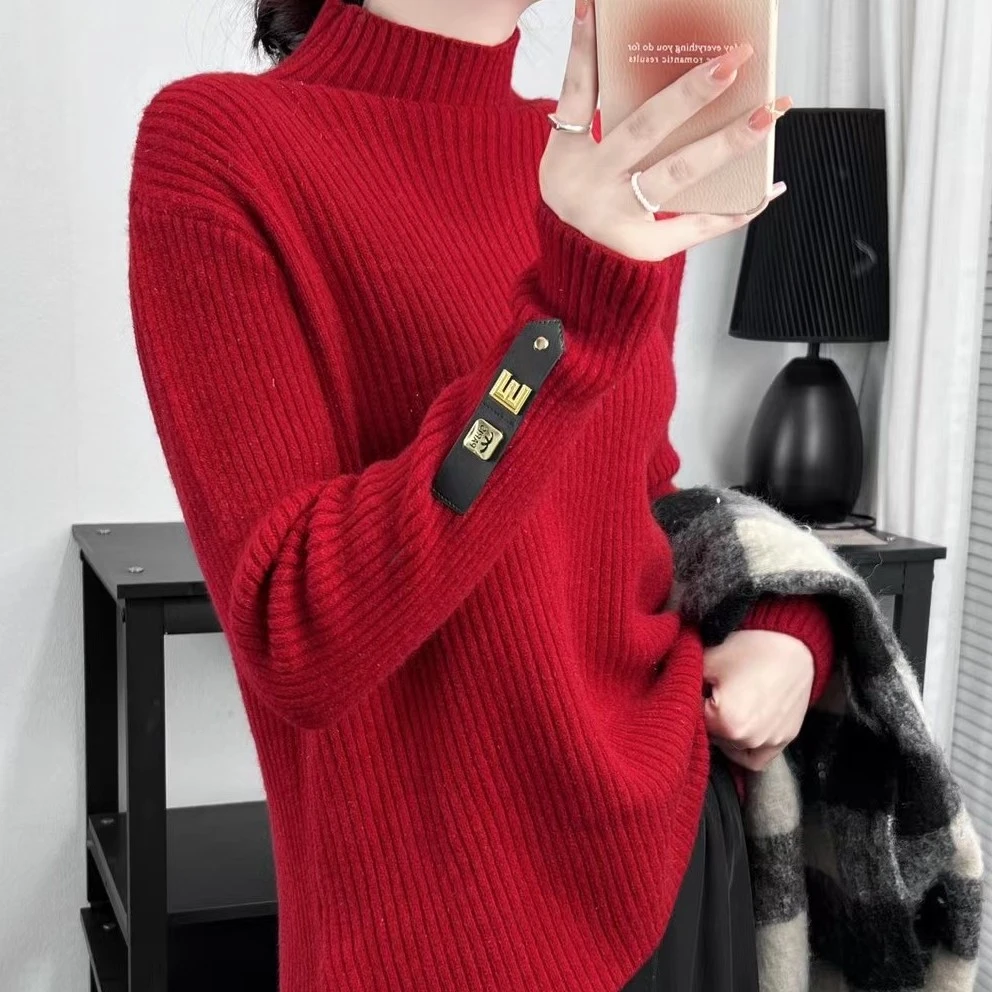 时尚风休闲高领毛衣女秋冬款百搭显瘦宽松设计感针织打底衫上衣