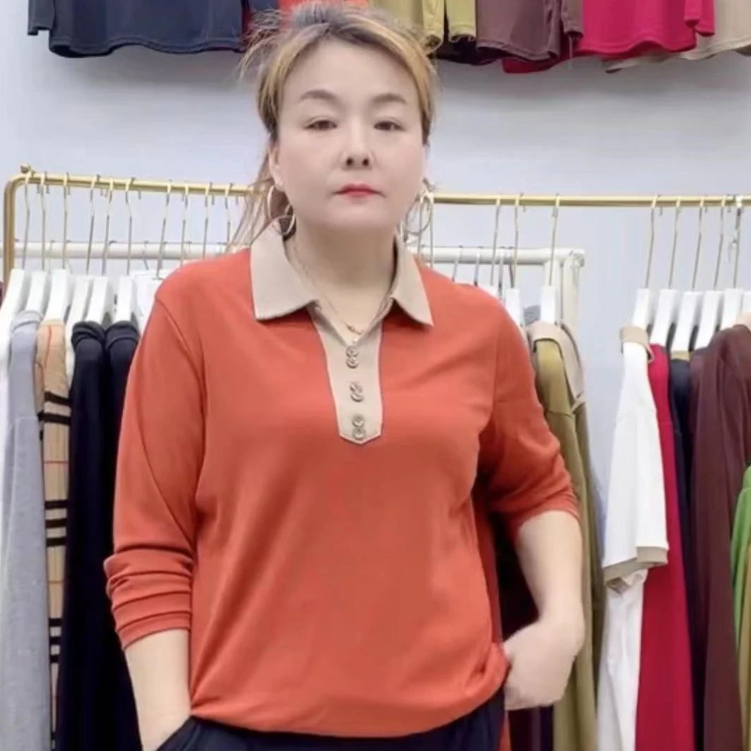 高档POLO衫带扣百搭显瘦休闲秋季女士气质洋气外穿打底衫大码上衣