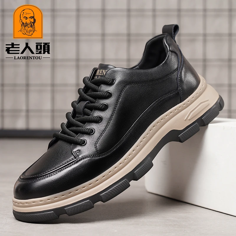 老人头男鞋秋季真皮休闲皮鞋男时尚百搭板鞋男复古厚底增高休闲鞋