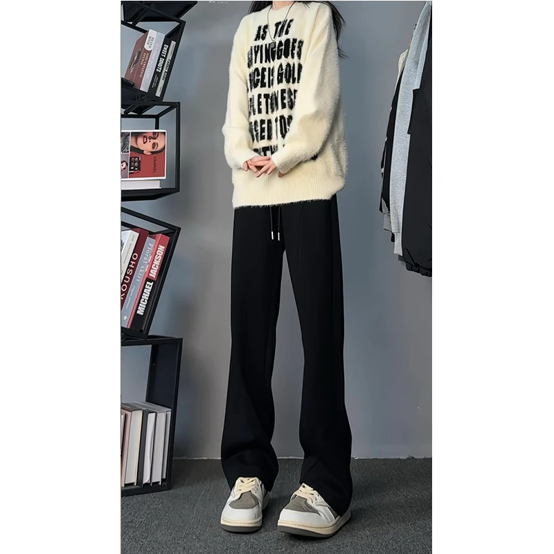 美式黑色重磅卫裤女款秋冬款加绒宽松垂感裤子cleanfit弯刀直筒裤