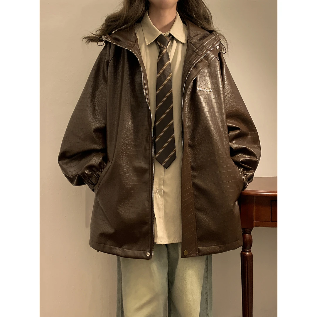 棕色pu皮外套女春秋季美式复古棒球服休闲夹克小香风情侣百搭上衣
