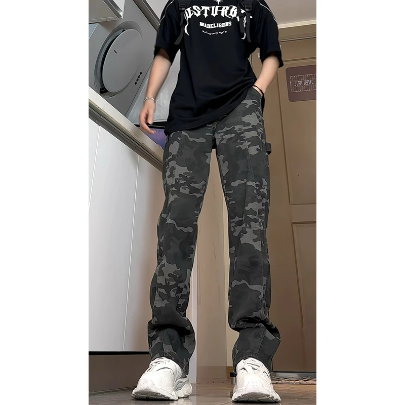 美式微喇迷彩牛仔裤男春季高腰显瘦显腿长修身伐木哈特直筒工装裤