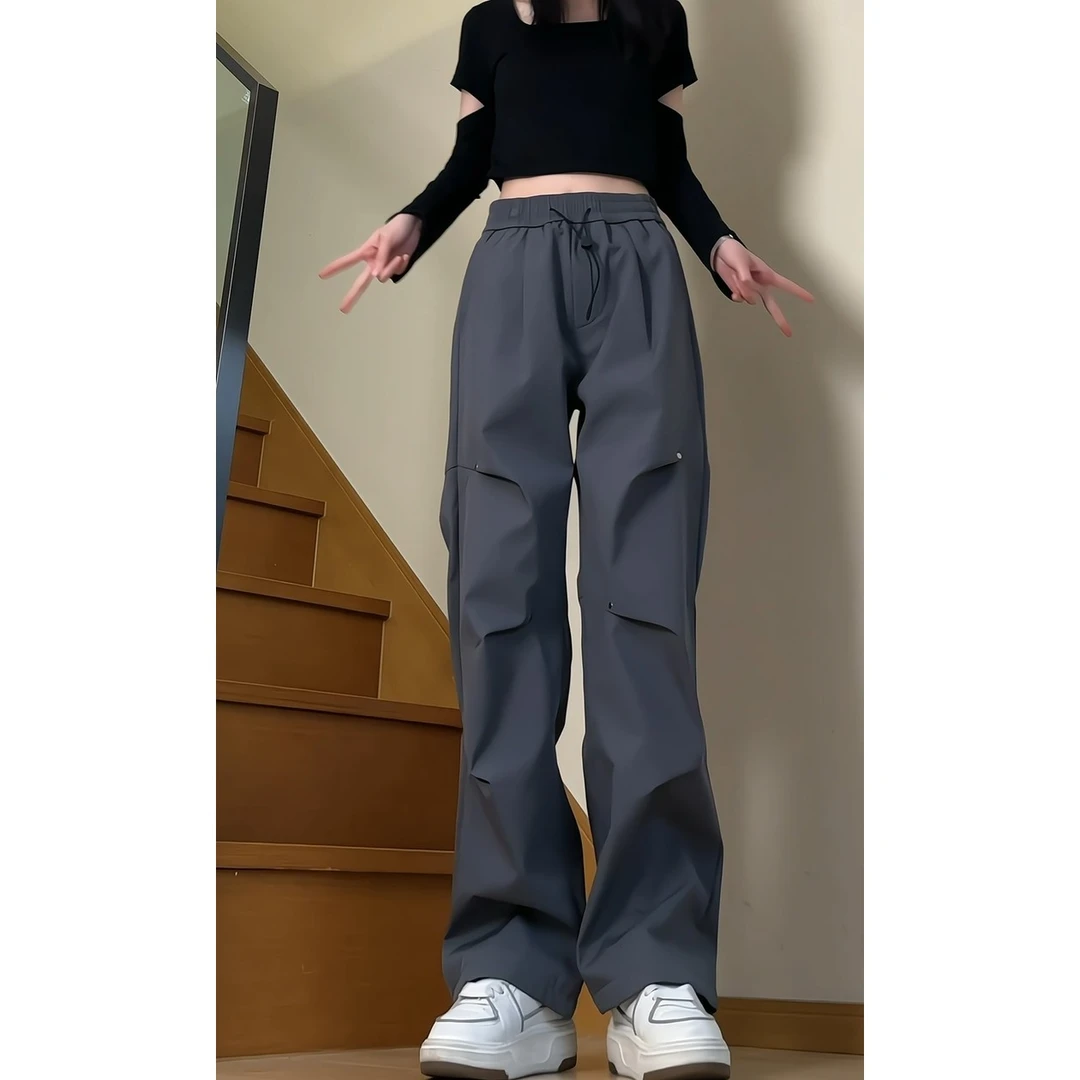 美式vibe工装裤女春季铆钉设计感户外运动防风复古阔腿拖地长裤子