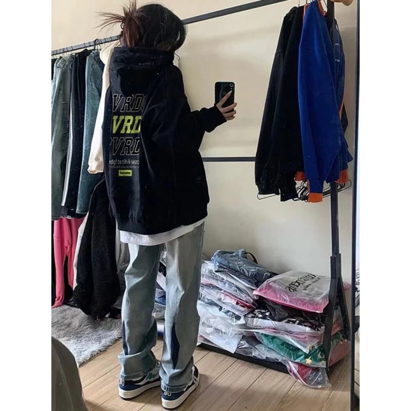 重磅美式卫衣女春秋款oversize潮牌高街复古连帽日系慵懒情侣外套