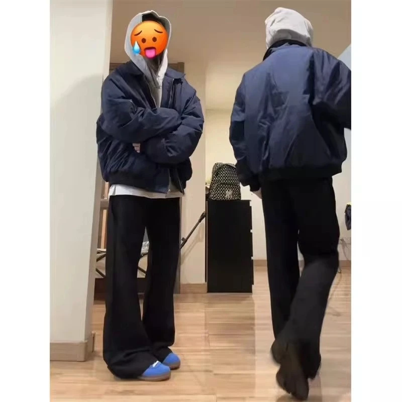 藏青色短款棒球棉服女春秋新款bomber飞行员夹克棉衣翻领拉链外套