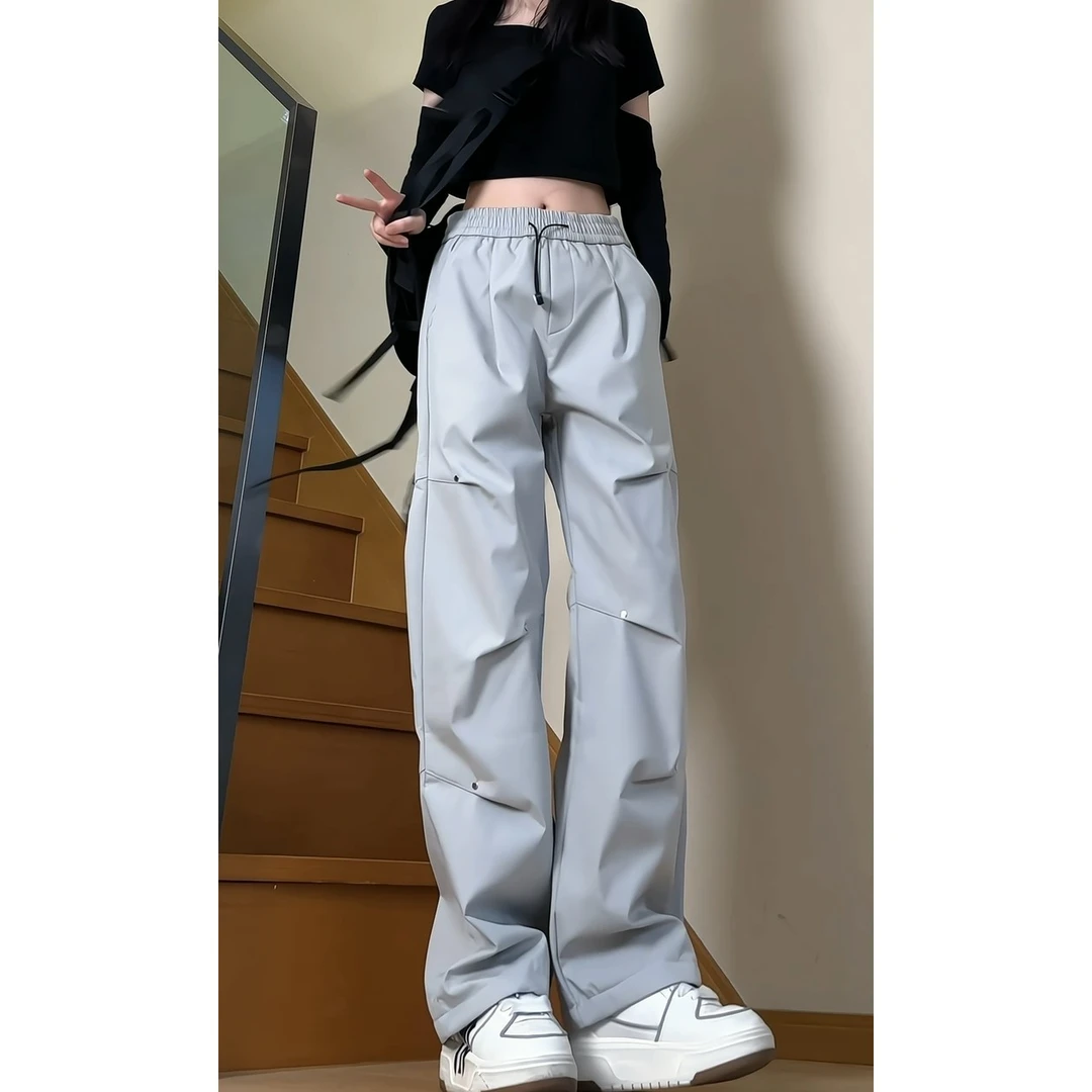 美式机能裤女春季褶皱宽松直筒阔腿潮流铆钉高级设计感阔腿伞兵裤