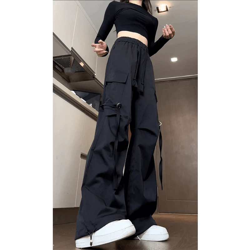 美式机能伞兵高腰工装裤女夏季设计感飘带直筒户外百搭登山休闲裤